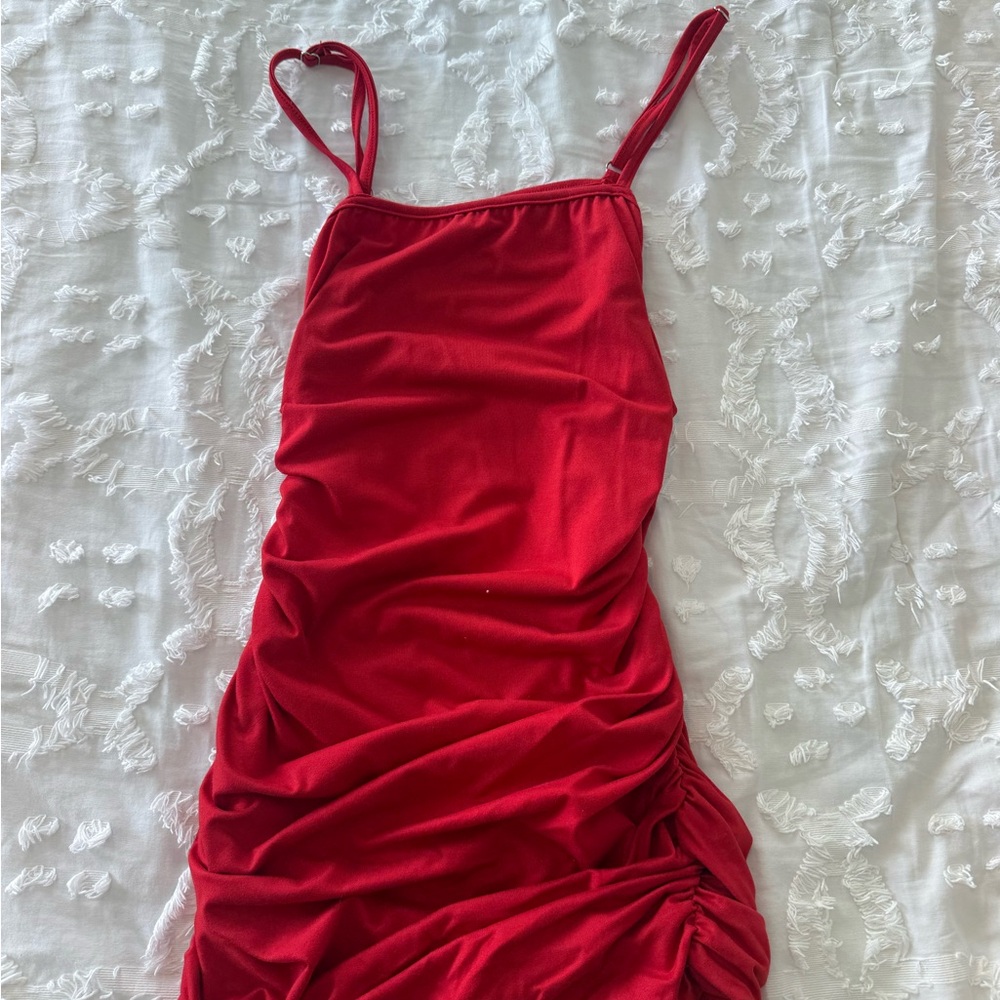Red Ruched Spaghetti Strap Dress
